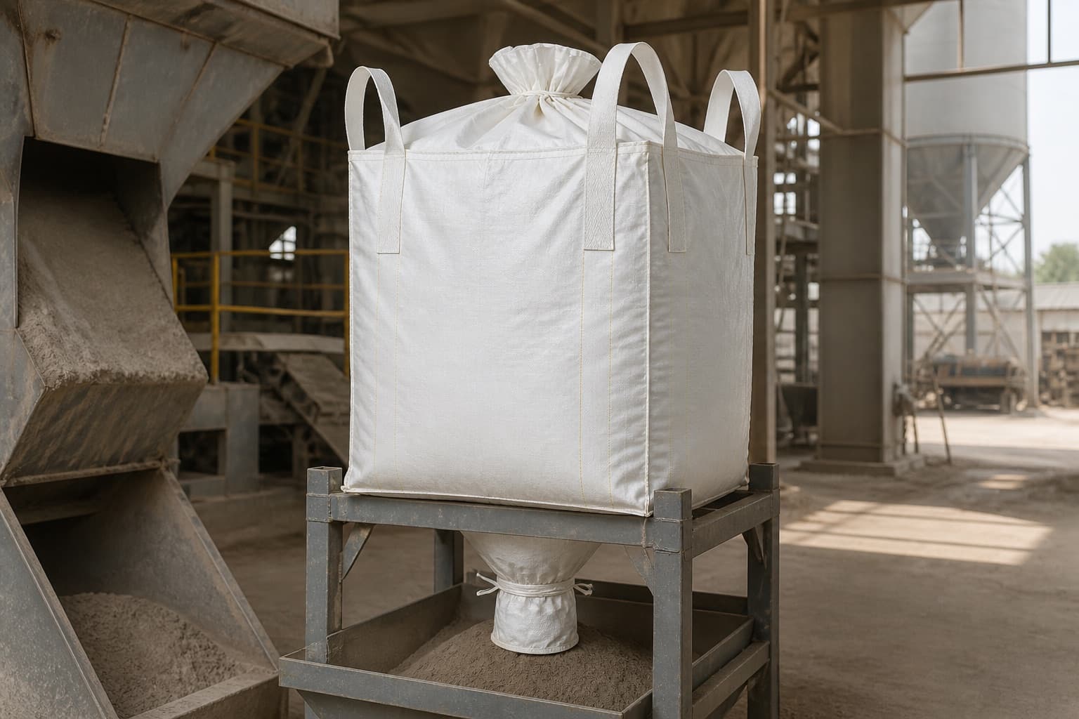 Cement Powder handled with a white FIBC in an industrial setting