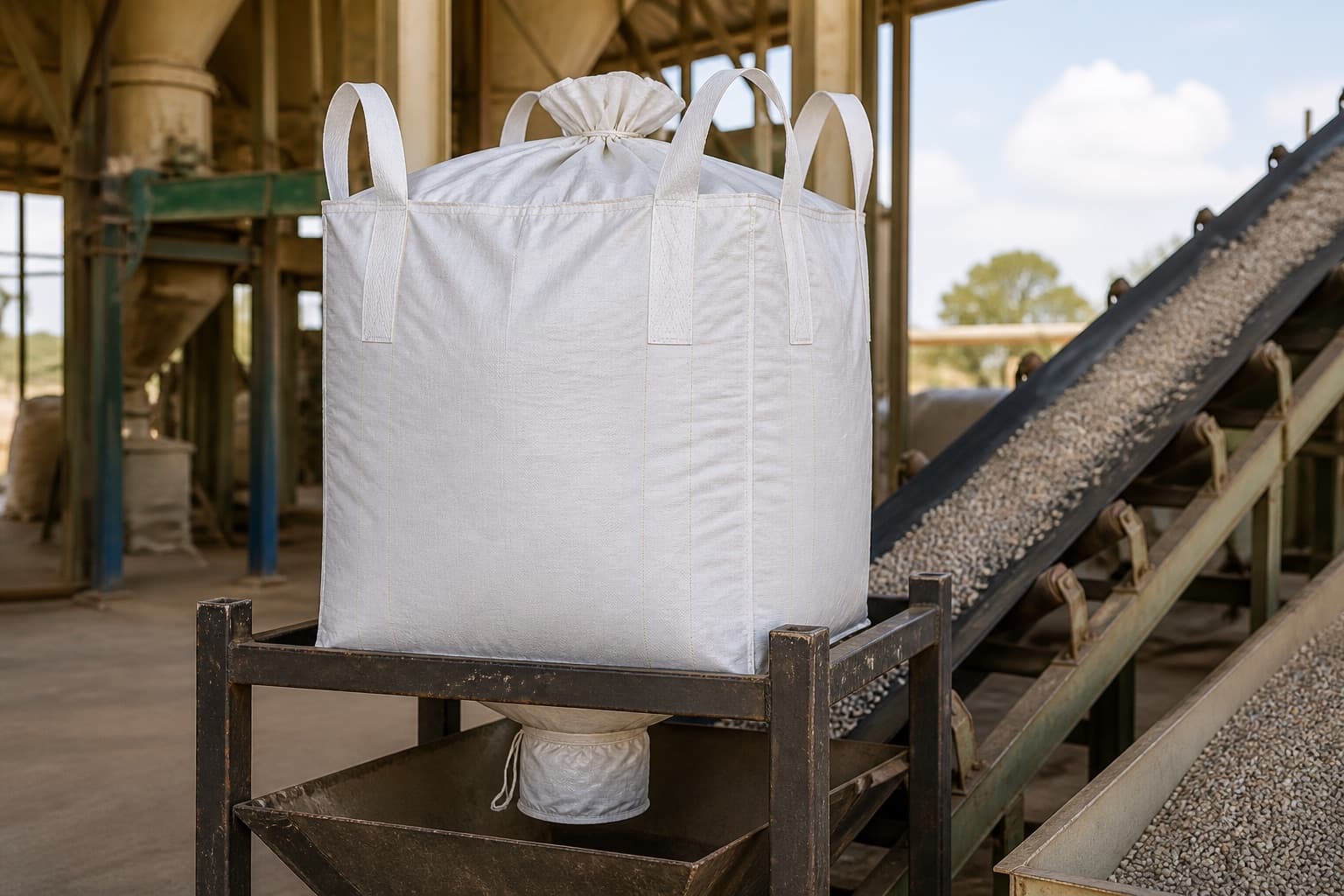 Fertilizer Granules handled with a white FIBC in an industrial setting