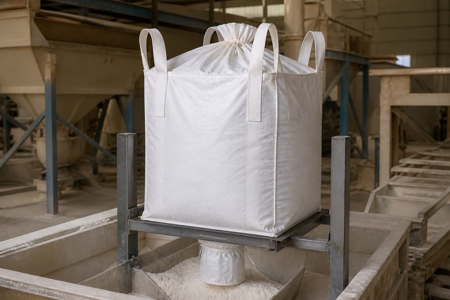 Gypsum Powder handled with a white FIBC in an industrial setting