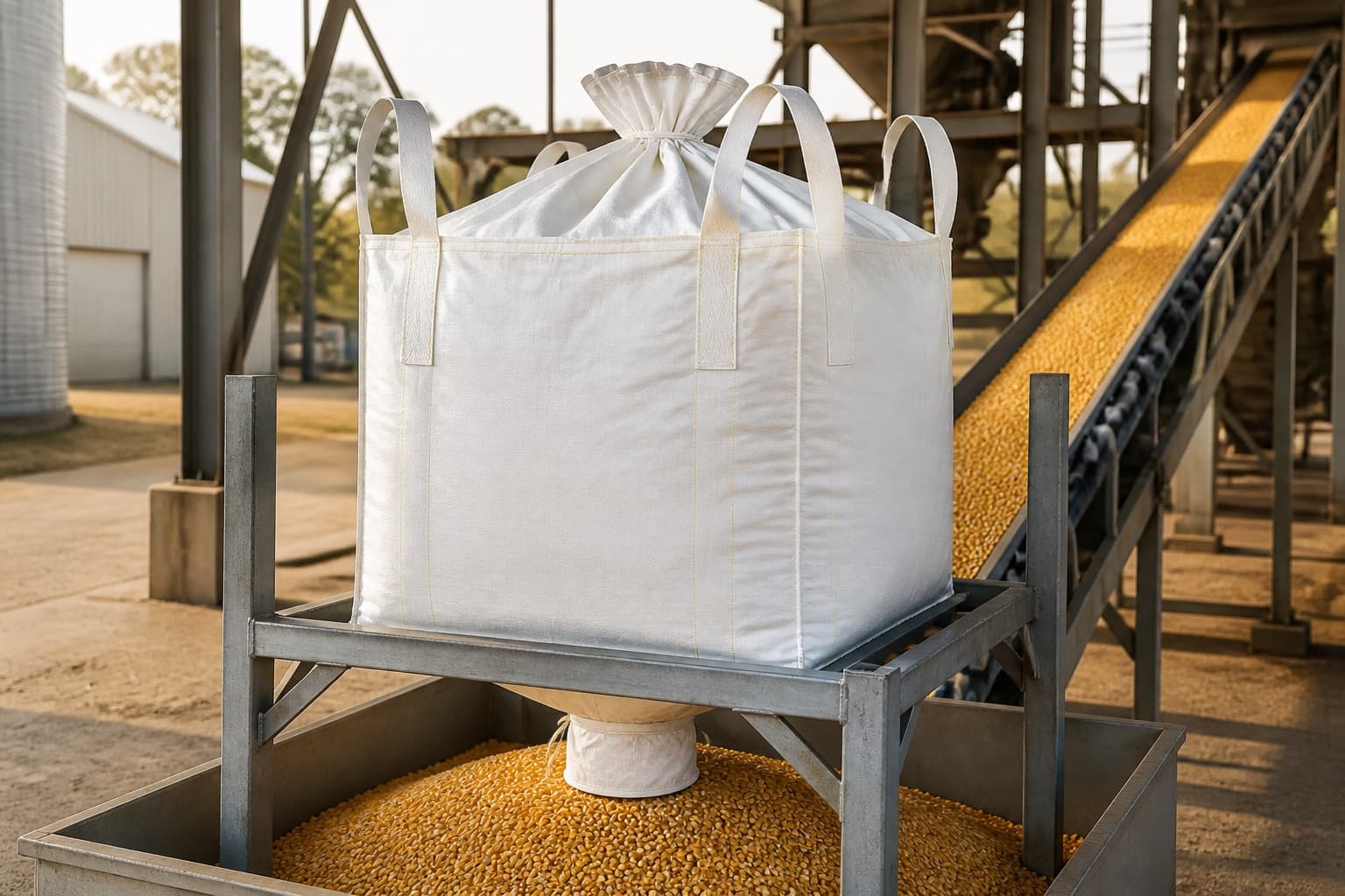 Maize Grain handled with a white FIBC in an industrial setting