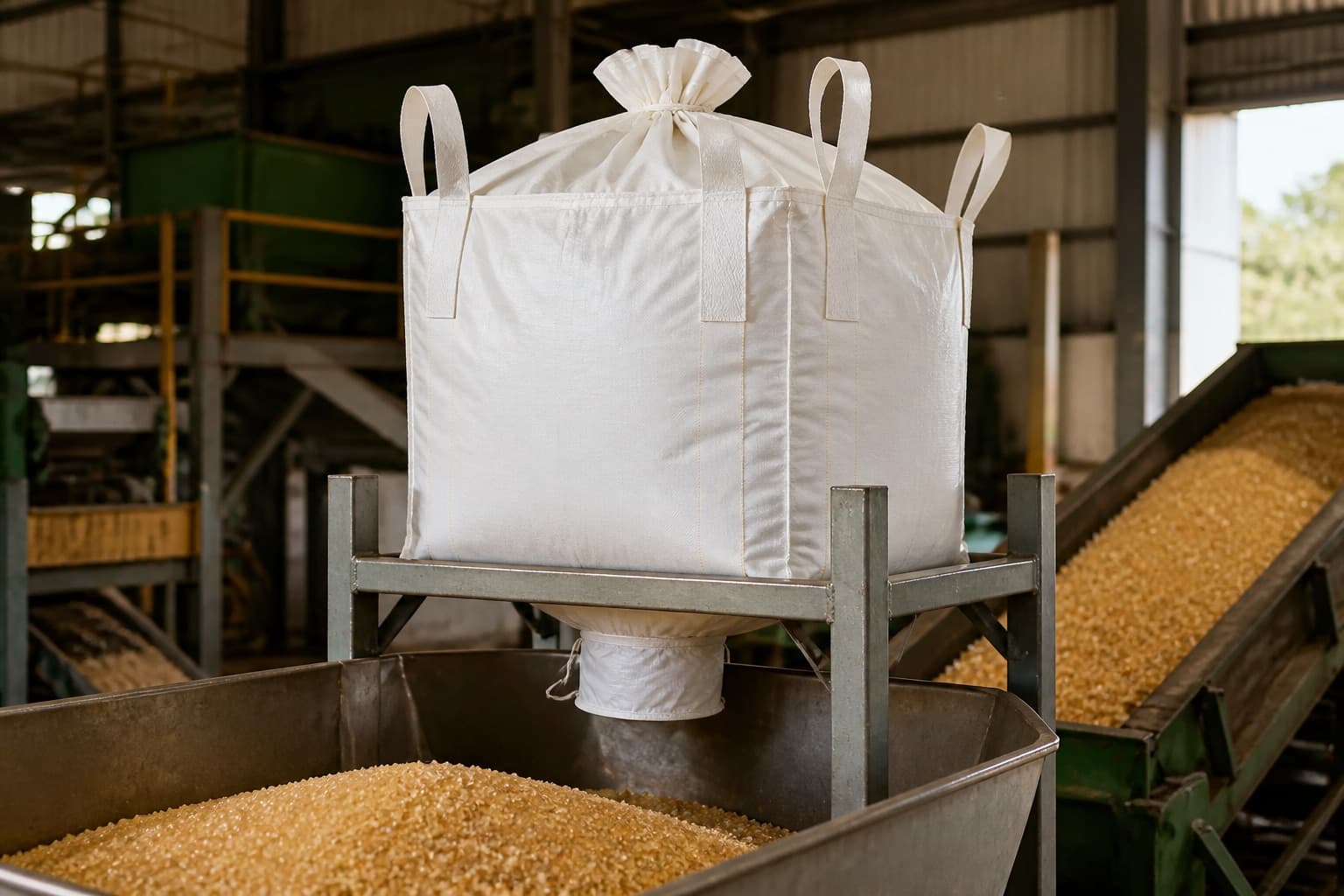 Raw Sugar handled with a white FIBC in an industrial setting