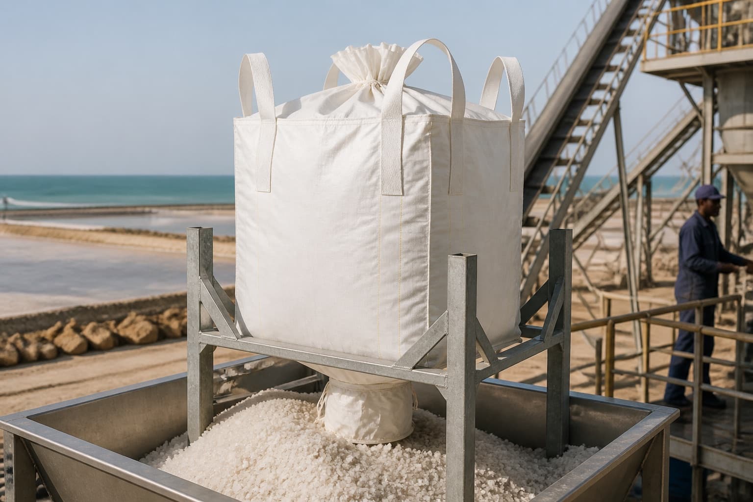 Solar Salt Crystals handled with a white FIBC in an industrial setting