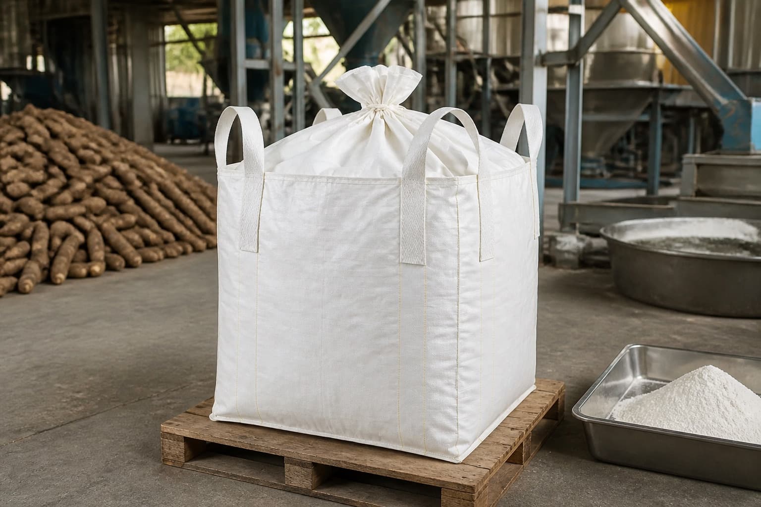 Cassava Starch handled with a white FIBC in an industrial setting