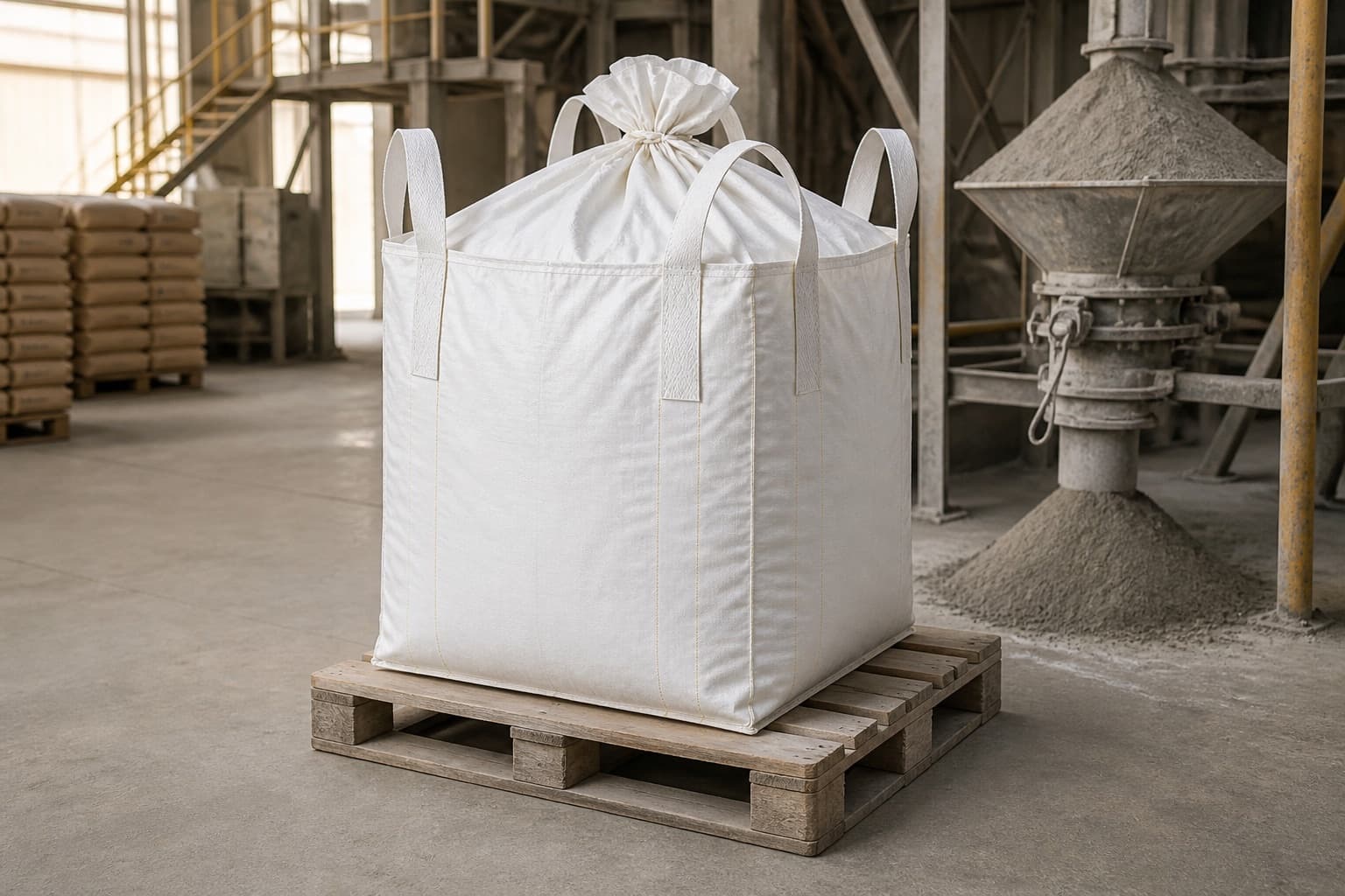 Cement Powder handled with a white FIBC in an industrial setting