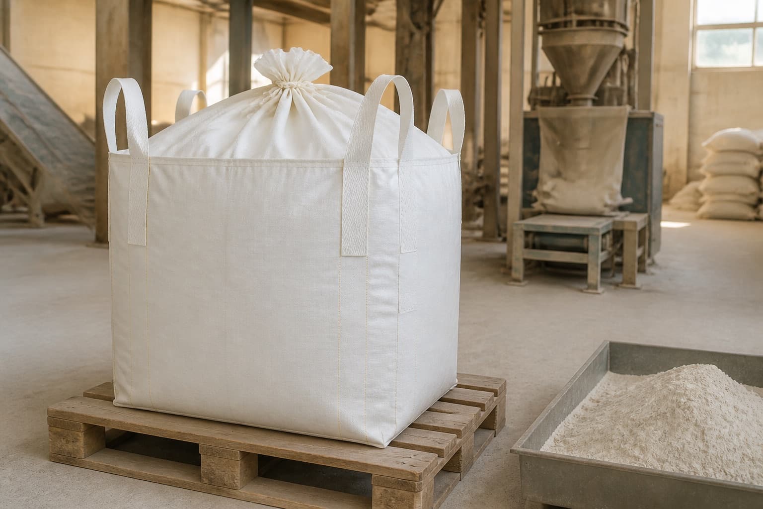 Gypsum Powder handled with a white FIBC in an industrial setting