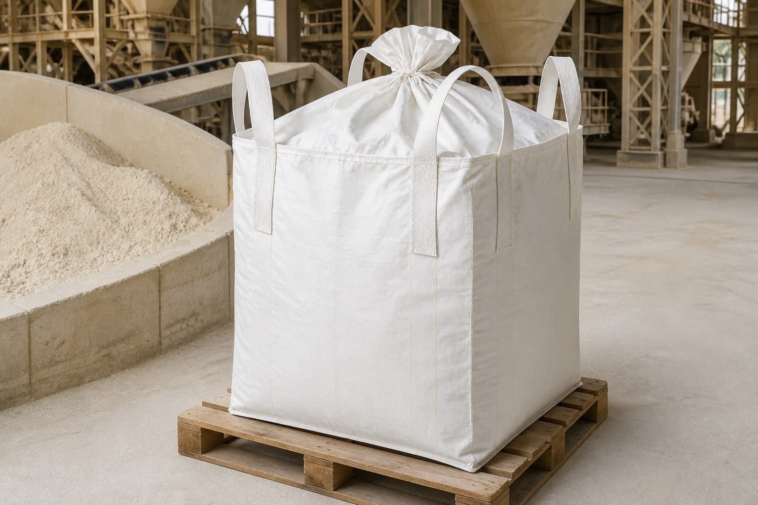 Limestone Powder handled with a white FIBC in an industrial setting
