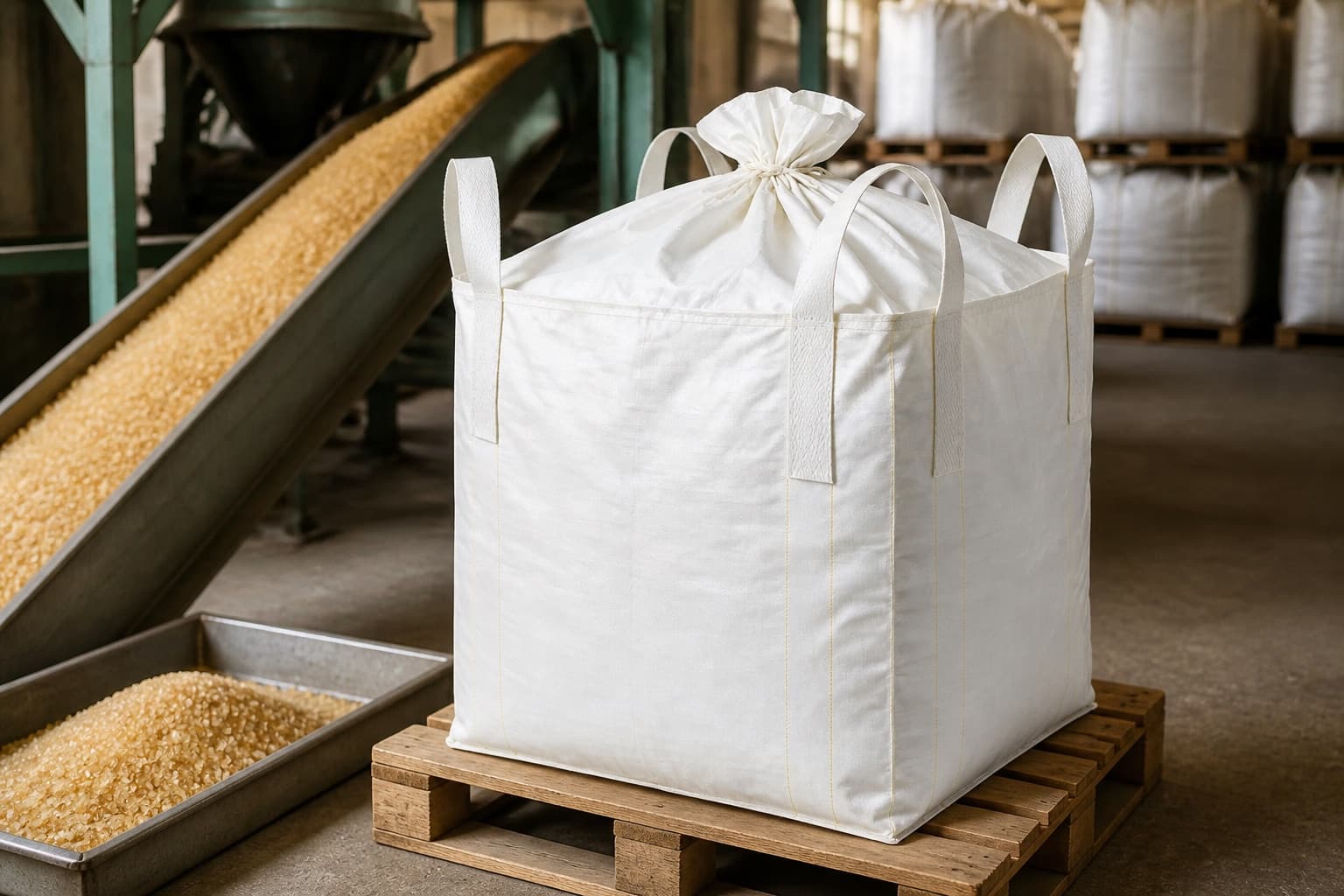 Raw Sugar handled with a white FIBC in an industrial setting
