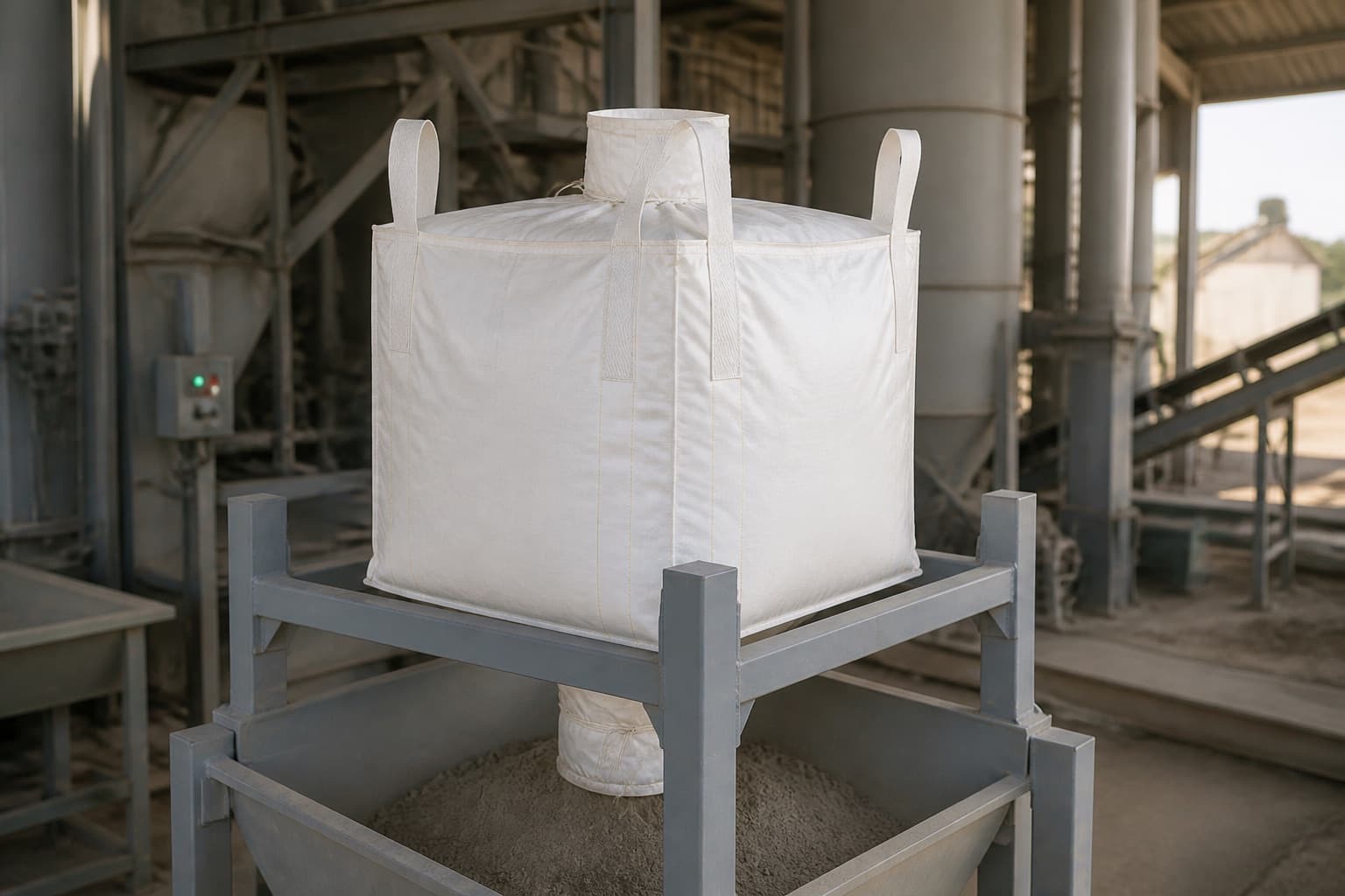 Cement Powder handled with a white FIBC in an industrial setting