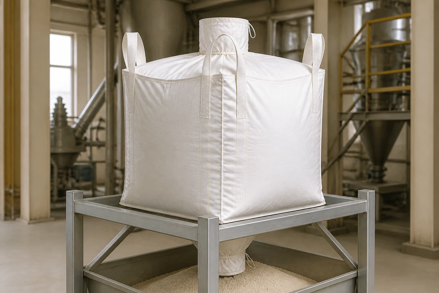 Powdered Fertilizer handled with a white FIBC in an industrial setting