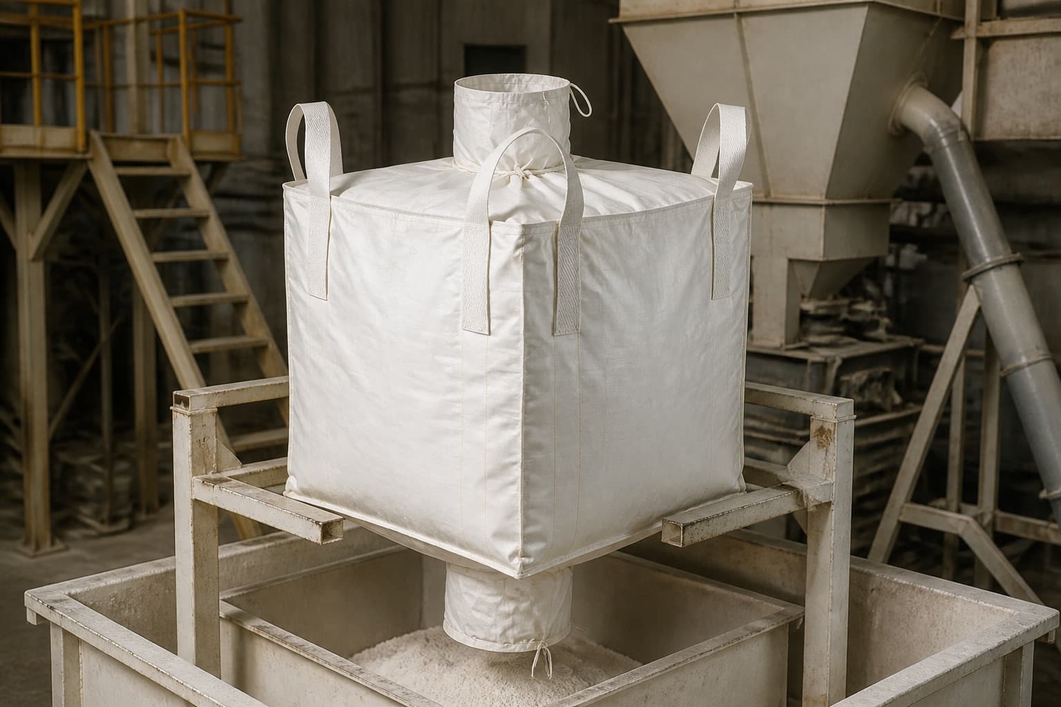 Gypsum Powder handled with a white FIBC in an industrial setting