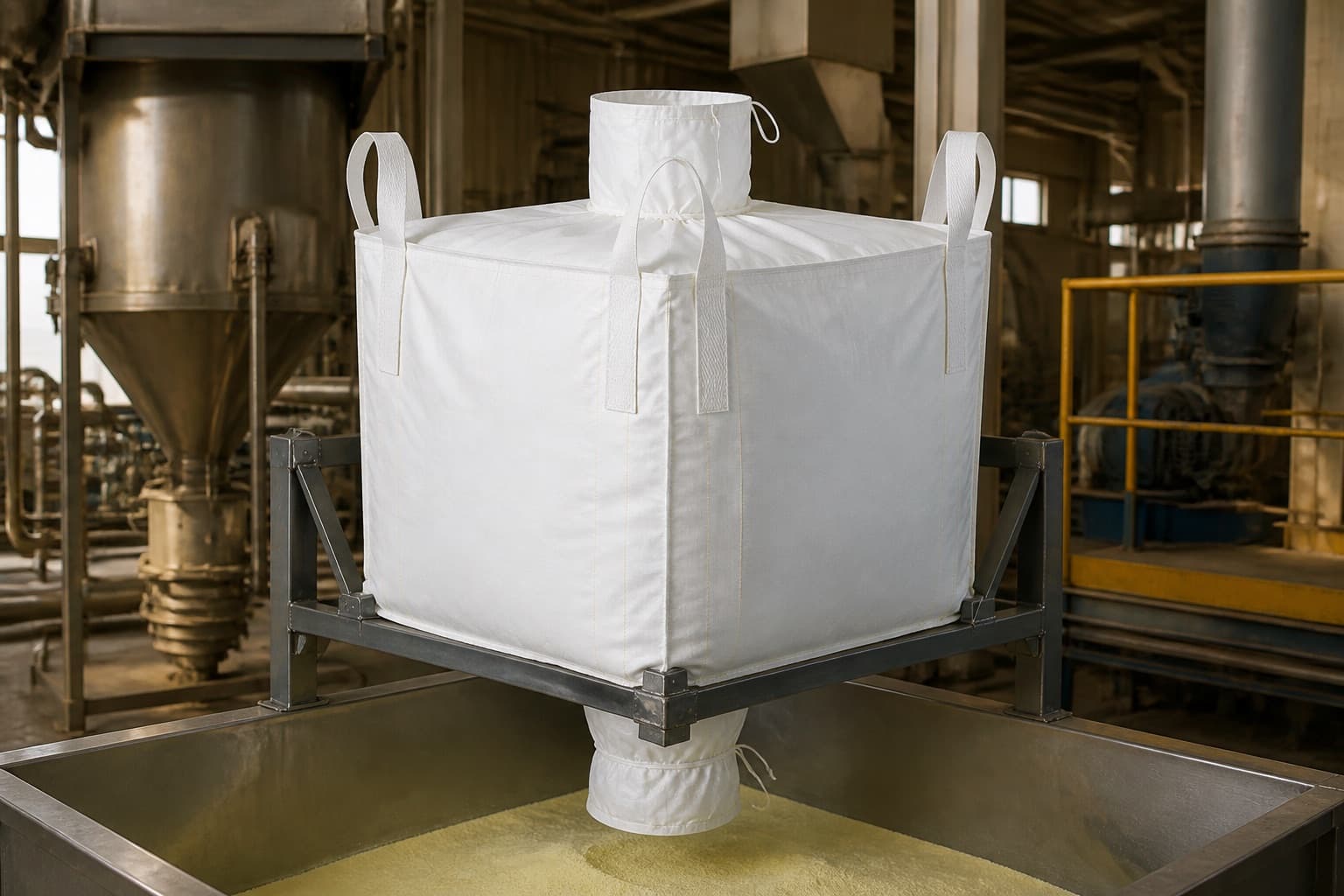 Sulphur Powder handled with a white FIBC in an industrial setting