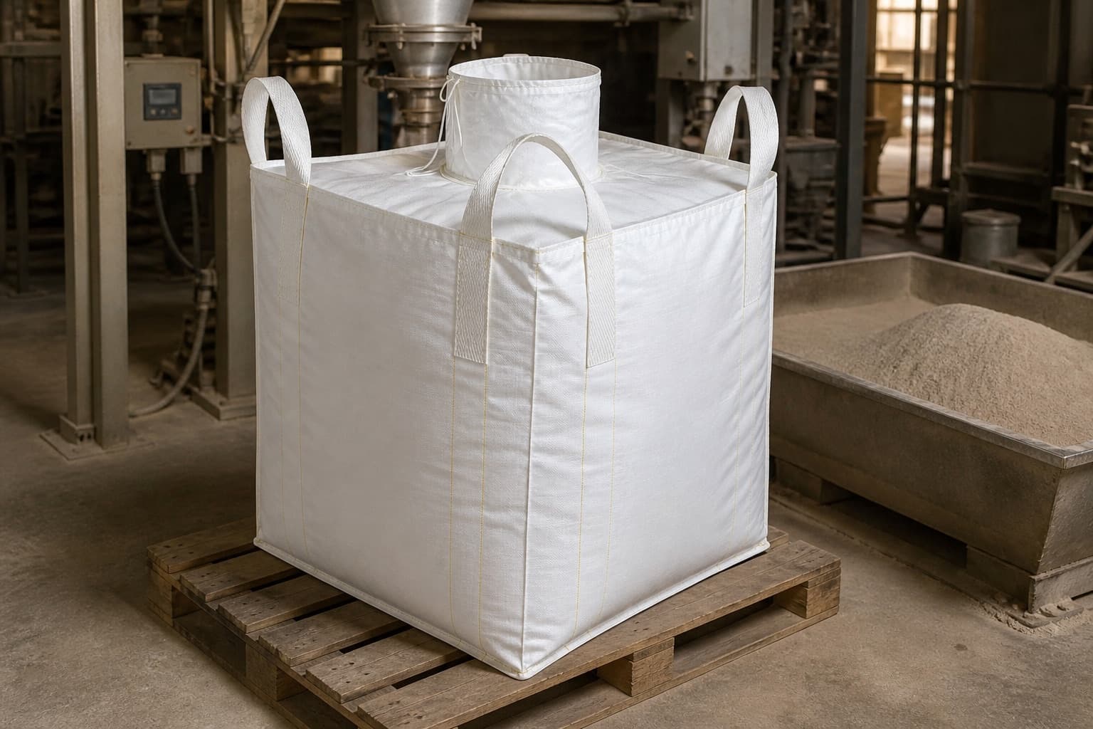 Bentonite Powder handled with a white FIBC in an industrial setting
