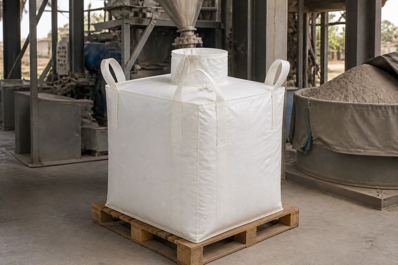 Cement Powder handled with a white FIBC in an industrial setting