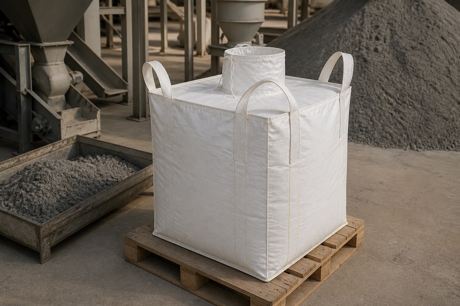 Fly Ash handled with a white FIBC in an industrial setting
