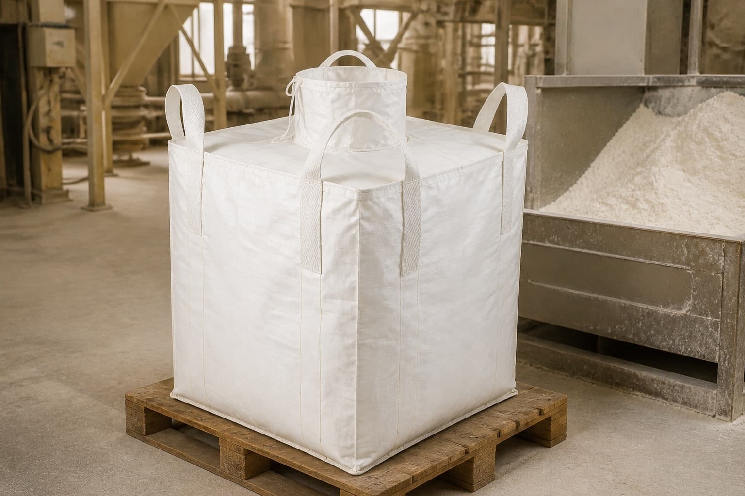 Kaolin Clay handled with a white FIBC in an industrial setting