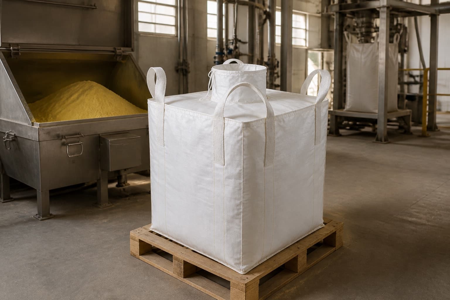 Sulphur Powder handled with a white FIBC in an industrial setting