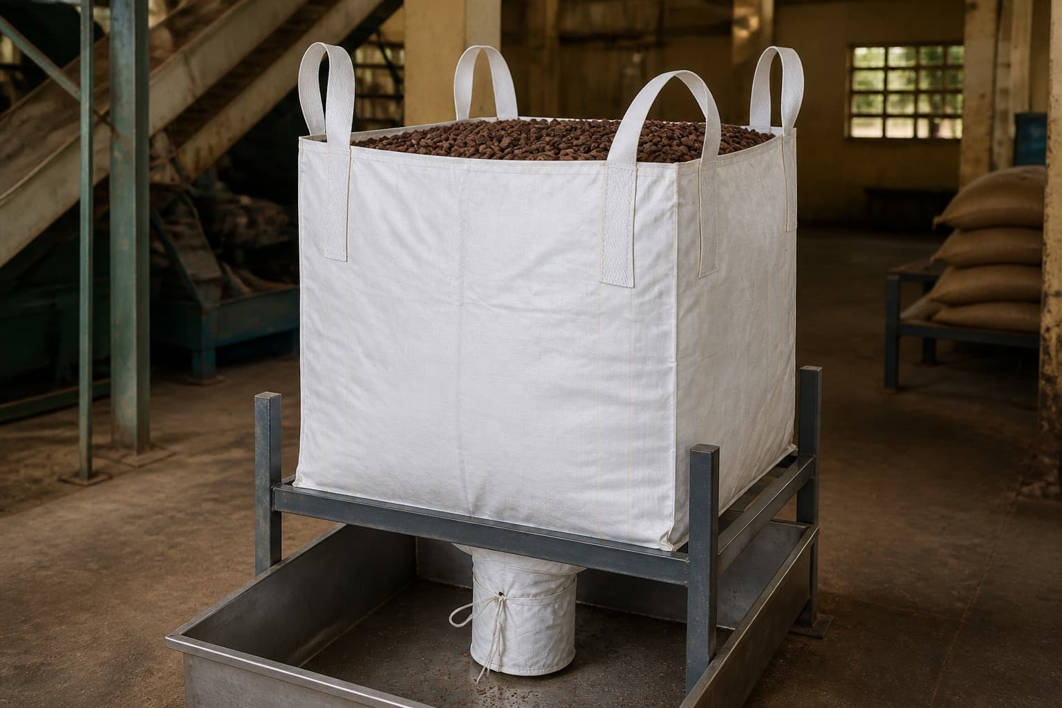 Cocoa Beans handled with a white FIBC in an industrial setting