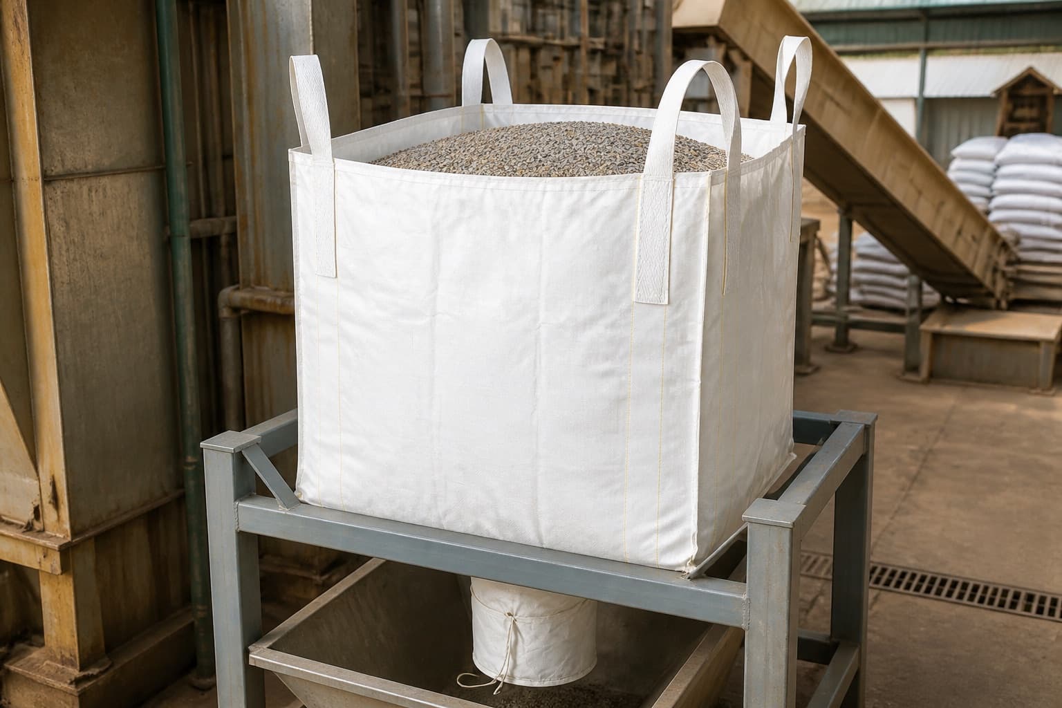 Fertilizer Granules handled with a white FIBC in an industrial setting