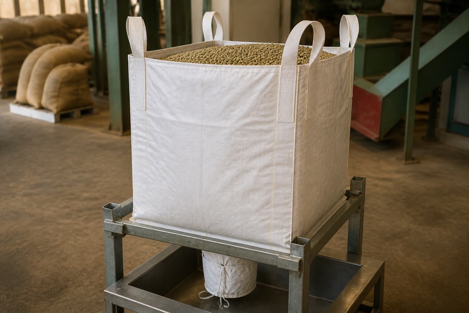 Green Coffee Beans handled with a white FIBC in an industrial setting