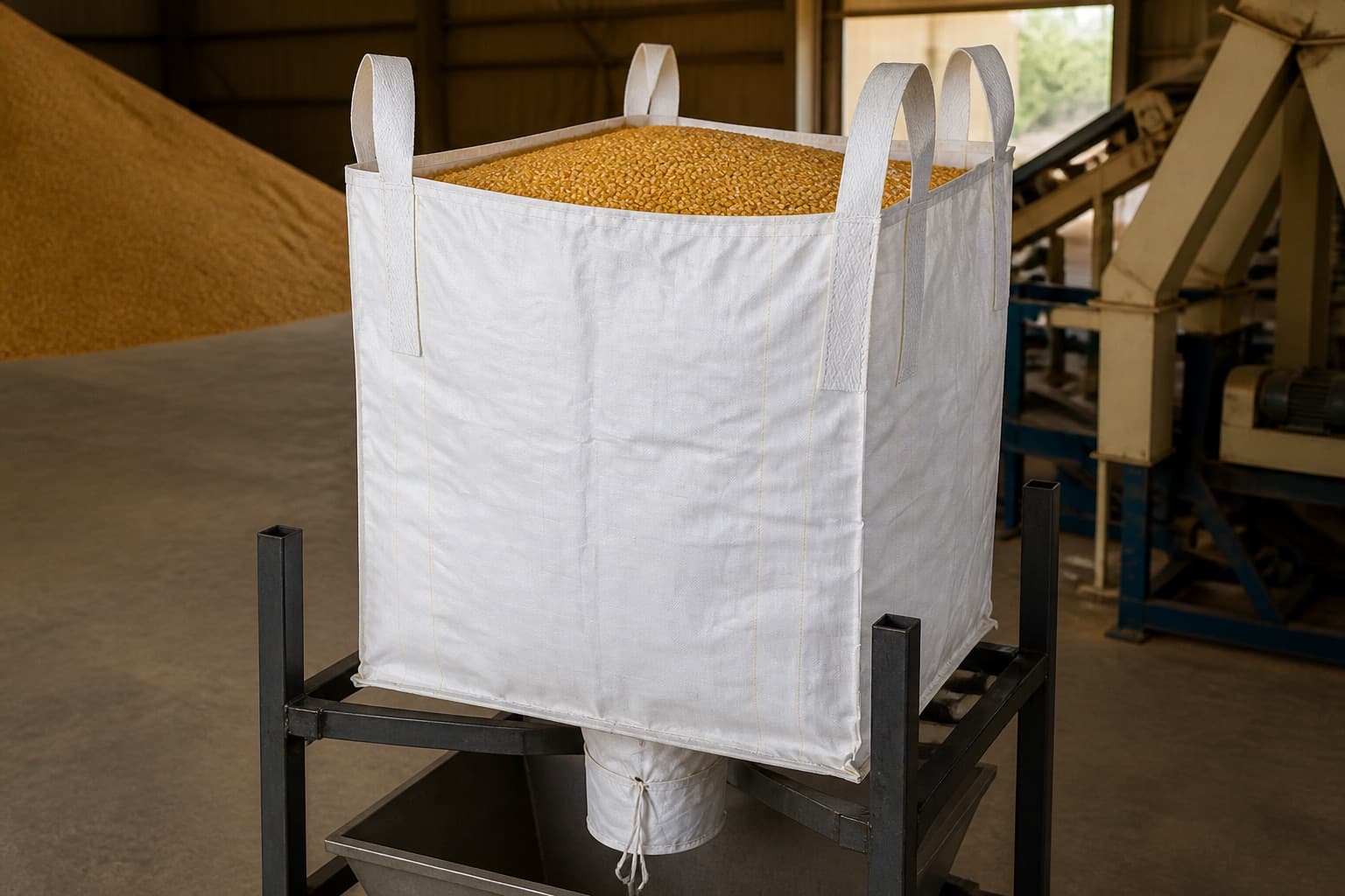 Maize Grain handled with a white FIBC in an industrial setting