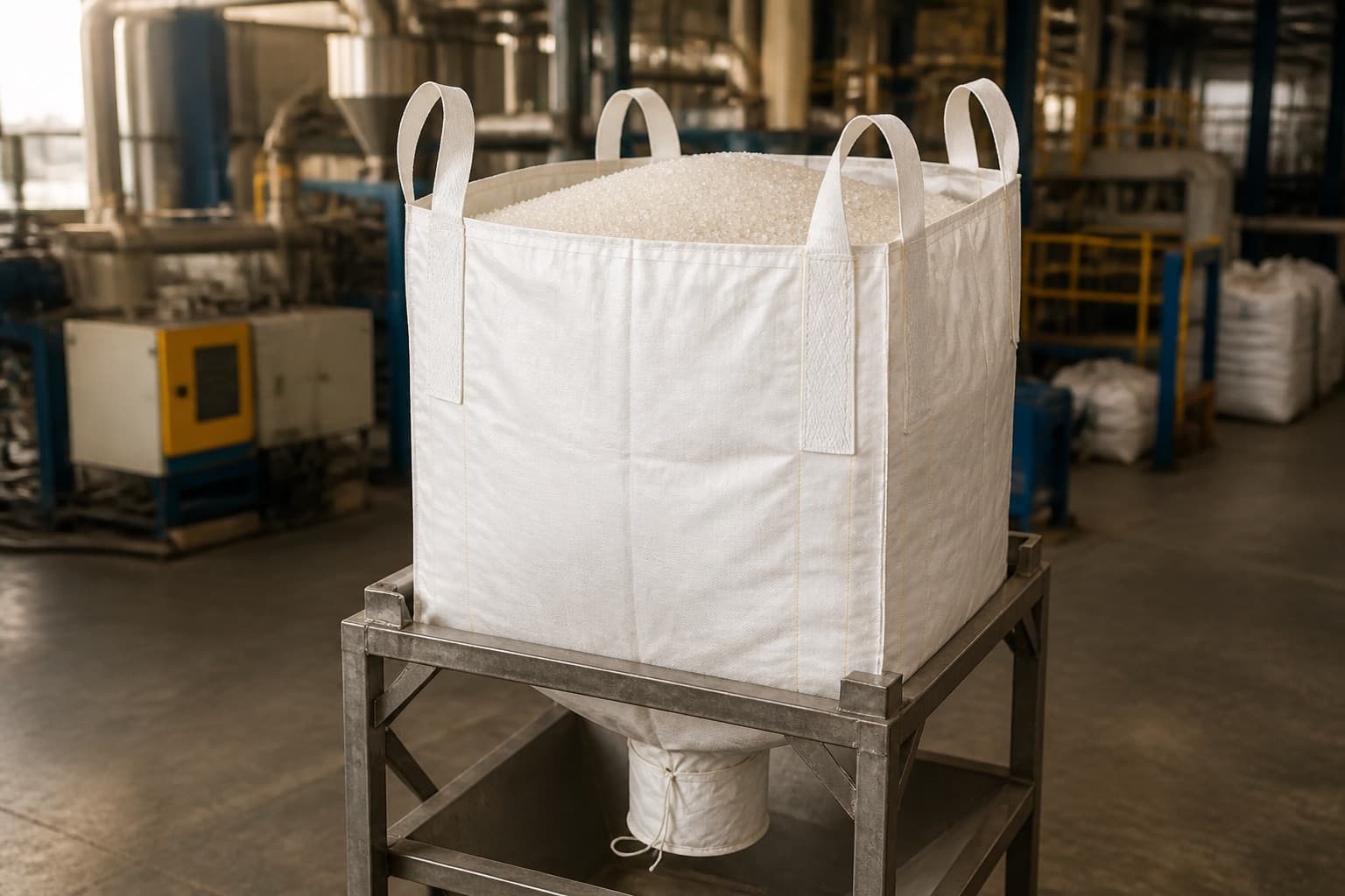 Plastic Resin Pellets handled with a white FIBC in an industrial setting