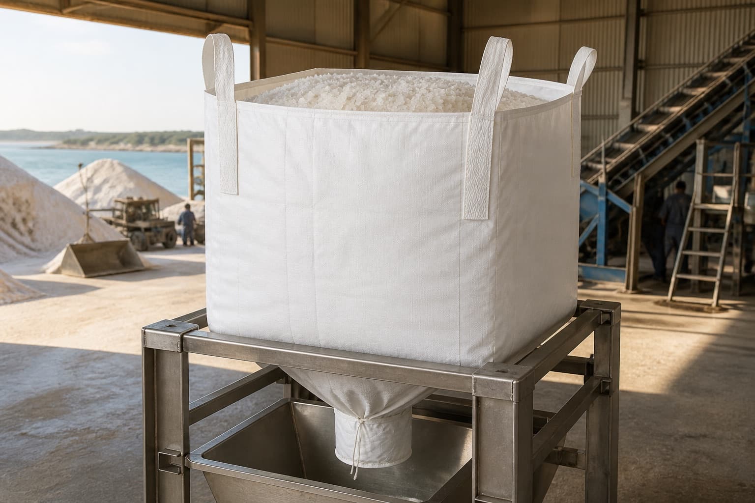 Solar Salt Crystals handled with a white FIBC in an industrial setting