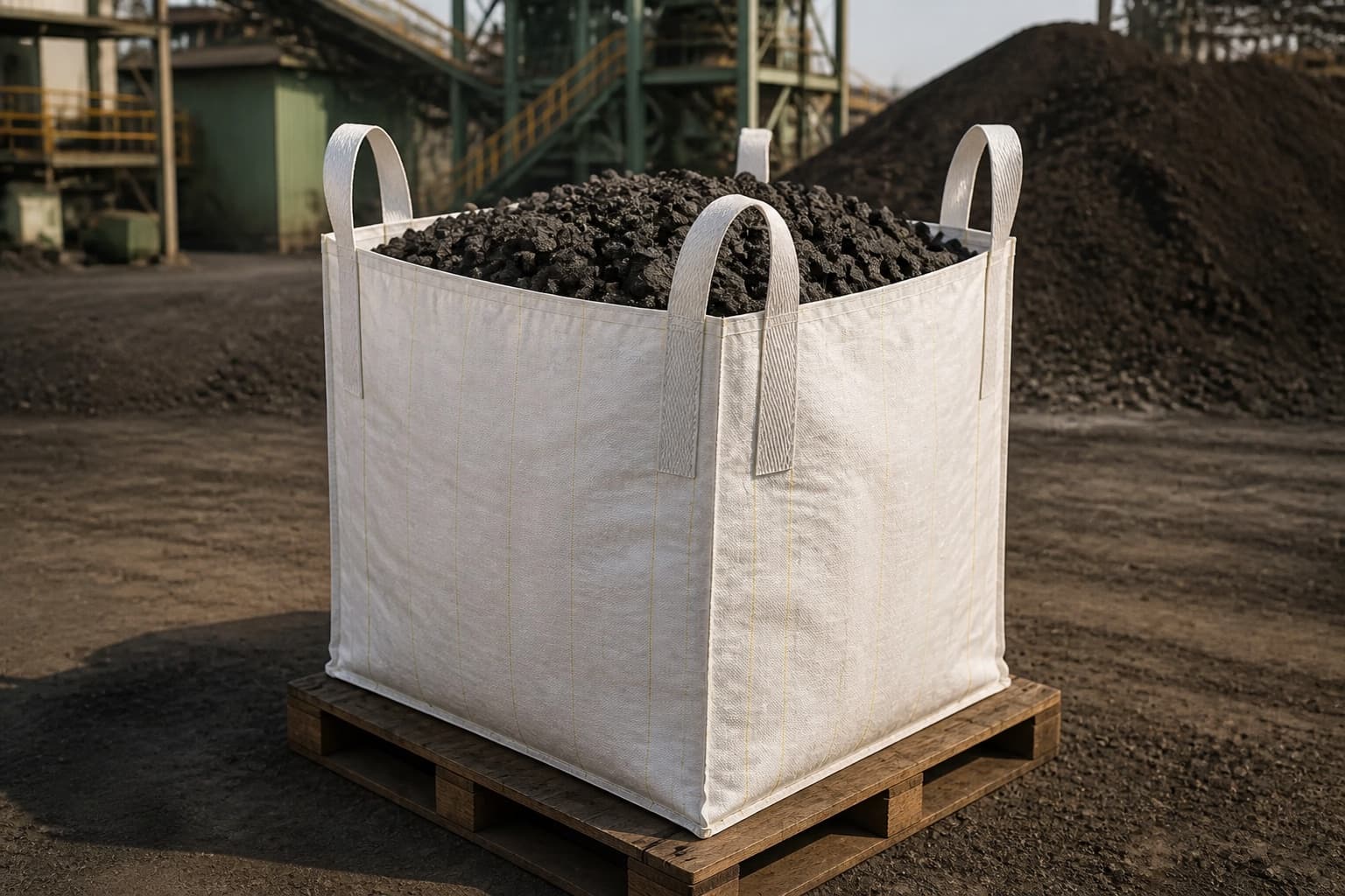 Chromite Ore handled with a white FIBC in an industrial setting