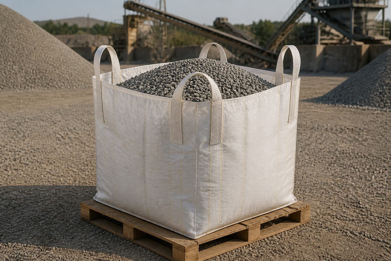 Construction Aggregate handled with a white FIBC in an industrial setting