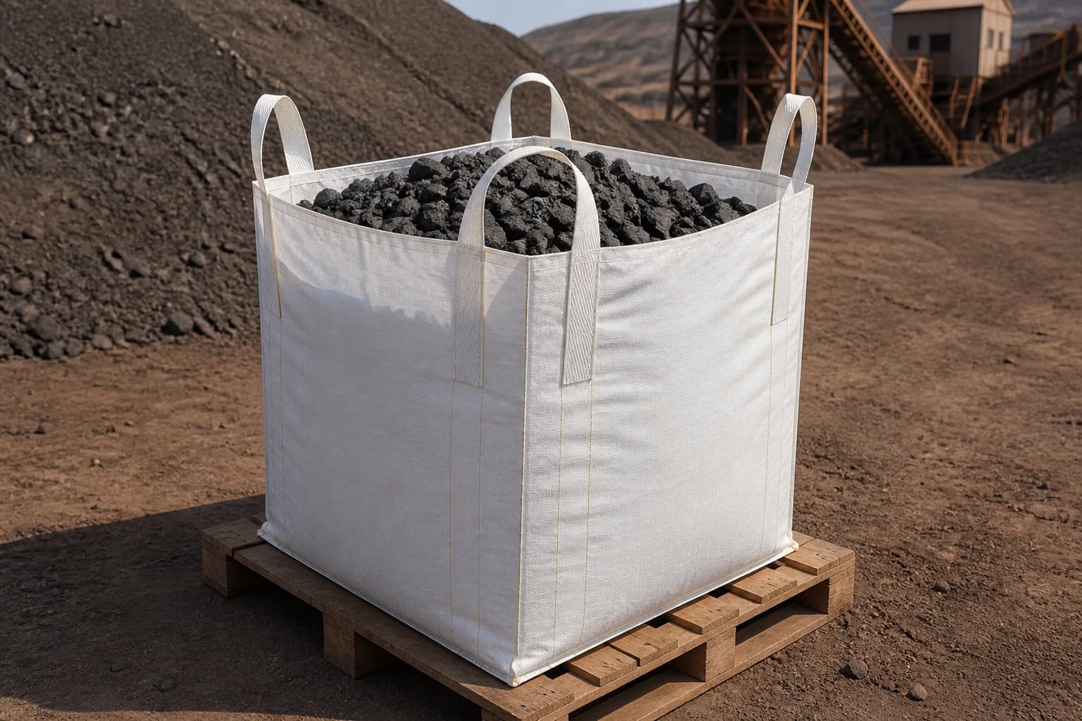 Manganese Ore handled with a white FIBC in an industrial setting