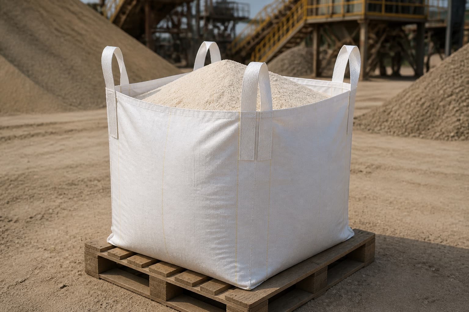 Coarse Silica Sand handled with a white FIBC in an industrial setting