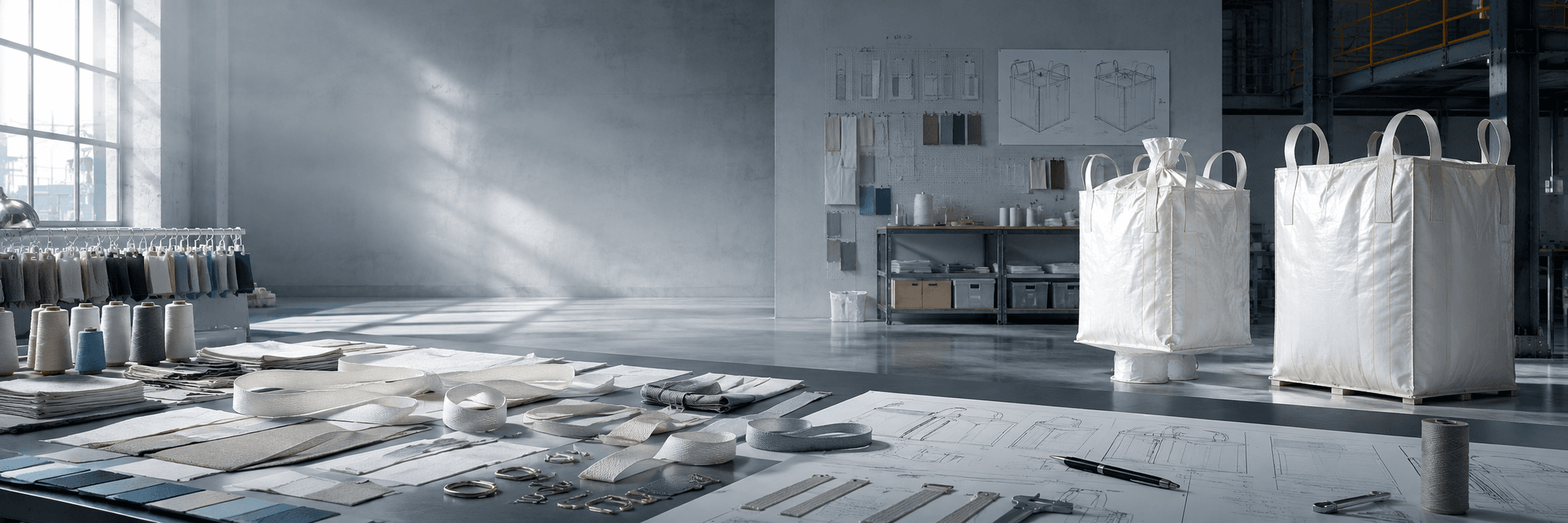 Industrial sewing workshop producing custom FIBC bulk bags